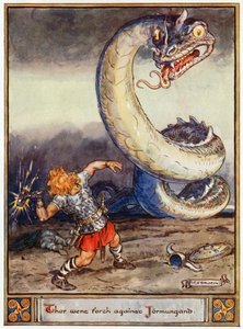 “托尔出击了Jormungand”，插图来自“阿斯加德的英雄，来自斯堪的纳维亚神话的故事”，A＆E Keary，1930年