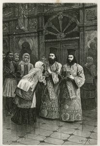 Pritres donnant a baiser les images saintes, engraving by Ch.Delort, to illustrate Henri Belle