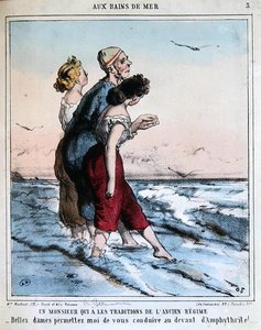 传统男子护送两位年轻女士到海里洗澡，约1850-70年（彩色平版印刷）。