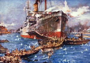 来自克莱德河的英国军队在加利波利的V型海滩登陆，1915年4月25日（彩色平印）。 作者 查尔斯·爱德华·迪克森