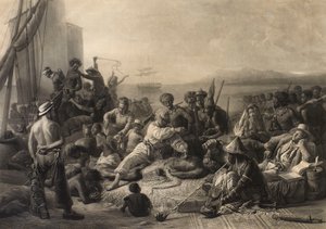 非洲海岸的场景"：奴隶和奴隶主等待被运往国外。 作者 查尔斯·爱德华·瓦格斯塔夫