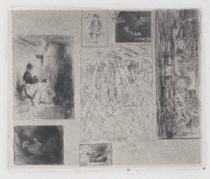 复合板：女人和孩子a，老音乐家b，油炸商人c，风景...，1843年。 作者 查尔斯·埃米尔·雅克