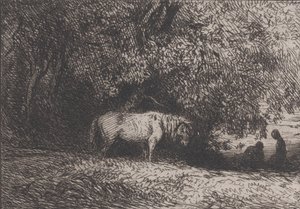 树枝下的马，1846年。 作者 查尔斯·埃米尔·雅克