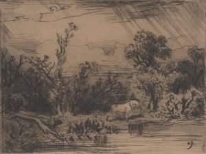 有雷雨的风景，1848年。 作者 查尔斯·埃米尔·雅克