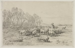 景观与一群羊，1800年代。 作者 查尔斯·埃米尔·雅克