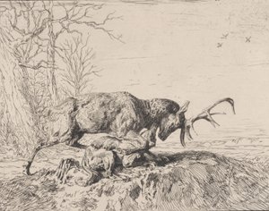 雄鹿斗狼，出自安托万-路易-巴耶之手，1846年。 作者 查尔斯·埃米尔·雅克