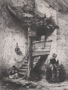 楼梯和女人的搅动，1845年。 作者 查尔斯·埃米尔·雅克