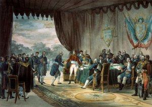 莫特方丹条约于 1800 年 9 月 30 日签署，在此期间，法国（由拿破仑·波拿巴（Napoleon Bonaparte，1769-1821）代表）将路易斯安那州出售给美国。 C. Motte 的石版画（19 世纪）巴黎，B.N.