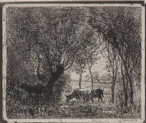 树林中的牛，最早的印象是1862年，于1921年印刷。 作者 查尔斯·弗朗索瓦·杜比尼