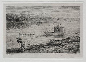 乘船游览：1861年，拖曳绳索或用绳索拖曳的客舱男孩。 作者 查尔斯·弗朗索瓦·杜比尼