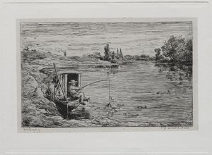 乘船游览：1861年，小屋男孩钓鱼线钓鱼。 作者 查尔斯·弗朗索瓦·杜比尼