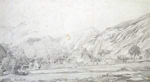 围墙内的建筑景观，背景是山脉，19世纪中期 作者 查尔斯·弗朗索瓦·杜比尼