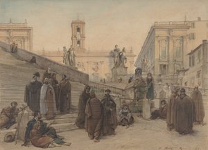 1846年日落时分，从罗马阿拉科里教堂的楼梯上看到的坎皮多里奥。 作者 Charles Francois Houel