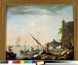 地中海港口的喷泉。 Charles Francois Grenier de la Croix dit Lacroix de Marseille (1720-1782) 的绘画，私人收藏，马赛。