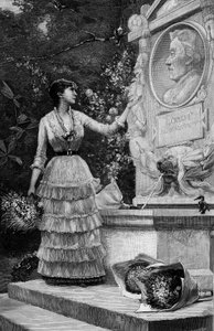 法兰西喜剧团的布兰奇-巴雷塔（Baretta）女士（生于1855年），在维尔达夫雷的科罗纪念碑前说着弗朗索瓦-科佩先生的诗句。根据查尔斯-吉隆（1850-1914）的画作雕刻的。载于《图画世界》第1264期