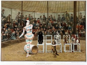 有学问的狗：小丑和狗的马戏团场景 - 根据 Charles Green，英语 chromo 1885。 ¿ 作者 查尔斯·格林