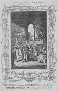 邓斯坦在1773年加冕典礼那天将国王埃德维（Edwy）从他的配偶女王埃特尔吉瓦（Ethelgiva）拖下。 作者 查尔斯·格里尼翁