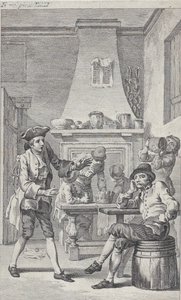 托比亚斯-斯莫利特的《罗德里克-兰登》的封面画，1748年。 作者 查尔斯·格里尼翁