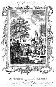 理查德二世国王在19世纪史密斯菲尔德瓦特·泰勒（Wat Tyler）死后抚慰了叛军。 作者 查尔斯·格里尼翁