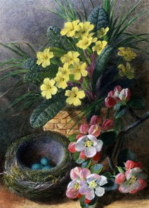 苹果花和报春花有鸟巢和花朵的静物画。查尔斯-亨利-斯莱特（1820-1890 年）的画作 私人收藏 作者 查尔斯·斯莱特