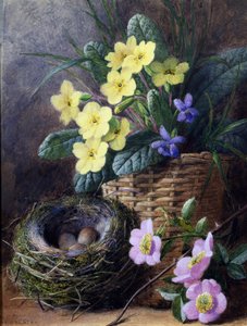 报春花、紫罗兰和玫瑰静物画。有鸟巢、鸟蛋和花朵的静物画。查尔斯-亨利-斯莱特（1820-1890 年）的画作 私人收藏 作者 查尔斯·斯莱特