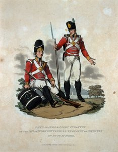根据最新规定1812&39;，第29届或德国伍斯特郡步兵团的轻型步兵从“英国帝国军队的服饰”中镌刻b 作者 查尔斯·汉密尔顿·史密斯