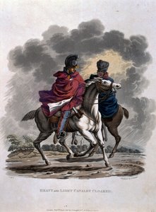 重型和轻型骑兵披风，来自“大英帝国军队的服装，根据最后的规定1812”，由JC Stadler雕刻，由Colnaghi und Co. 1812-15出版（彩色浅绿色） 作者 查尔斯·汉密尔顿·史密斯