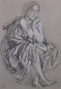 研究坐着的女人，坐着的女人披着（粉笔在纸上） 作者 查尔斯·哈斯伍德·香农