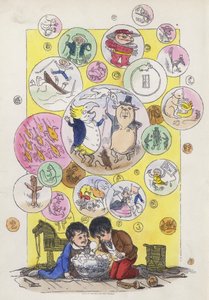 孩子们吹着装满人物和场景的肥皂泡（彩色雕刻）。 作者 查尔斯·亨利（后）贝内特