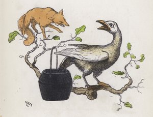 Fox and a goose with its tail in a pot of glue (coloured engraving) 作者 查尔斯·亨利（后）贝内特