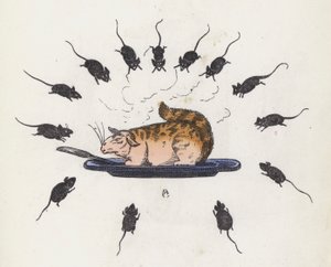 Gluttonous cat on a plate surrounded by hungry mice (coloured engraving) 作者 查尔斯·亨利（后）贝内特