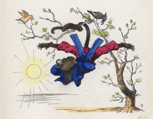 猴子用尾巴吊在树上（彩色雕刻）。 作者 查尔斯·亨利（后）贝内特