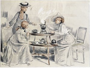 女士们围着一个小茶炊喝茶——亨利·坦雷 (Henri Tenré) 的画作，约。 1910年