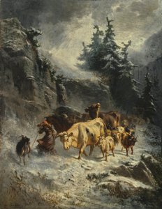 法语: Troupeau dans une tempête de neige 暴风雪中的牛群 作者 查尔斯·洪伯特