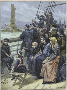 1892年抵达美国纽约的犹太移民--来自俄罗斯的犹太难民经过纽约港的巨大雕像--查尔斯-约瑟夫-斯坦尼兰的雕刻--"1892年抵达纽约的犹太移民，查尔斯-约瑟夫-斯坦尼兰的插图