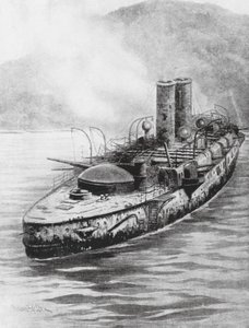 1898 年海上交战后的西班牙装甲巡洋舰 Oquendo 号（石版画） 作者 查尔斯·约翰·德（后）拉西