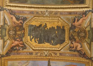 1662年饥荒期间帮助人民，Galerie des Glaces的天花板画 作者 查尔斯·勒布朗