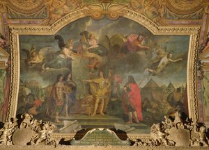国王路易十四（1638-1715）给予命令同时攻击1672年四个最强的荷兰位置，Galerie des Glaces的天花板画 作者 查尔斯·勒布朗