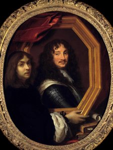 艺术家肖像（或自画像）展示了查尔斯·勒布伦 (Le Brun) (1619-1690) 17 世纪太阳的军事绘画。 1,04x0,85 m - 持有军人肖像的艺术家肖像（或自画像）。 查尔斯·勒布鲁的绘画 作者 查尔斯·勒布朗