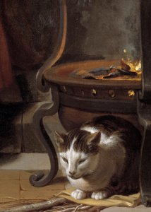 耶稣的睡眠细节描绘了一只睡在炉子下的猫。 查尔斯·勒布伦 (Le Brun) (1619-1690) 1655 年作画。 0,87x1,18 m 作者 查尔斯·勒布朗