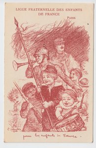 明信片，Satirique en Colors: Ligue fraternelle des enfants de France - War of 14 -18, Childhood, Journees patriotiques 插图 by Charles Leandre (1862-1934) 作者 查尔斯·莱安德烈
