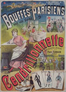 海报在巴黎剧院des Bouffes Parisiens播放Operetta&39;Cendrillonnette&39;。 1890年