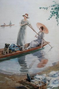 两个女孩带着她们的宠物哈巴狗划船回他们的野餐（纸上水彩画）