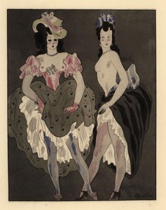 两个半裸的妓女穿着衬裙和帽子。