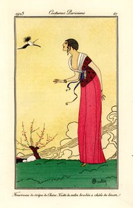 钟形帽、紧身连衣裙和缎面上衣的女人