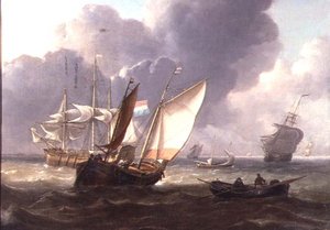 荷兰三桅帆船和小型帆船在海浪中的表现