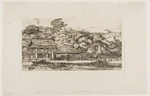 班克斯半岛阿卡罗阿的土著谷仓和小屋，1845 年 作者 查尔斯·梅里昂