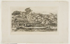 班克斯半岛阿卡罗阿的土著谷仓和小屋，1845 年 作者 查尔斯·梅里昂