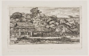 班克斯半岛阿卡罗阿的土著谷仓和小屋，1845 年 作者 查尔斯·梅里昂