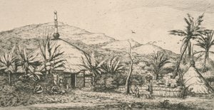 新喀里多尼亚（NouvelleCalédonie）：坡坡民谣路径上的大型本地小屋，插图取自《太平洋蚀刻》，1863年 作者 查尔斯·梅里昂